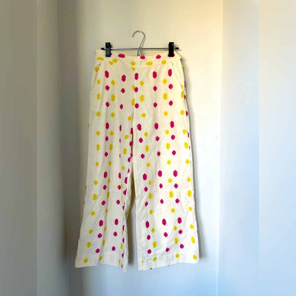 Anthropologie cotton pants, white/cream color with yellow and pink, size 0